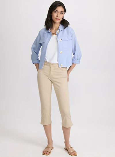 Short Linen Jacket & Braided Trim Denim Capris