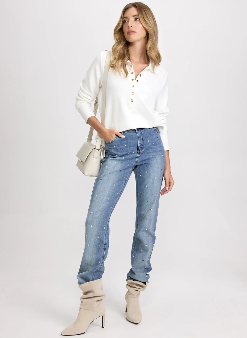 Grommet Placket Top & Studded Straight-Leg Jeans