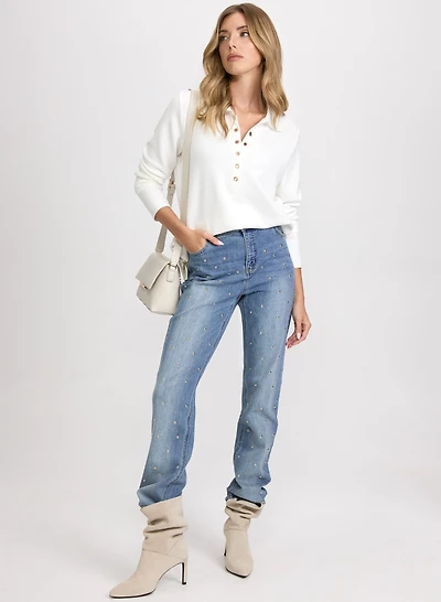 Grommet Placket Top & Studded Straight-Leg Jeans