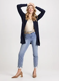 Mid-Length Cardigan & Lace Hem Ankle Jeans
