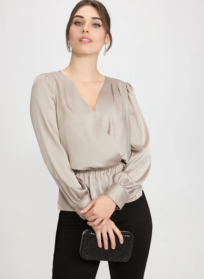 Satin Wrap-Style Blouse