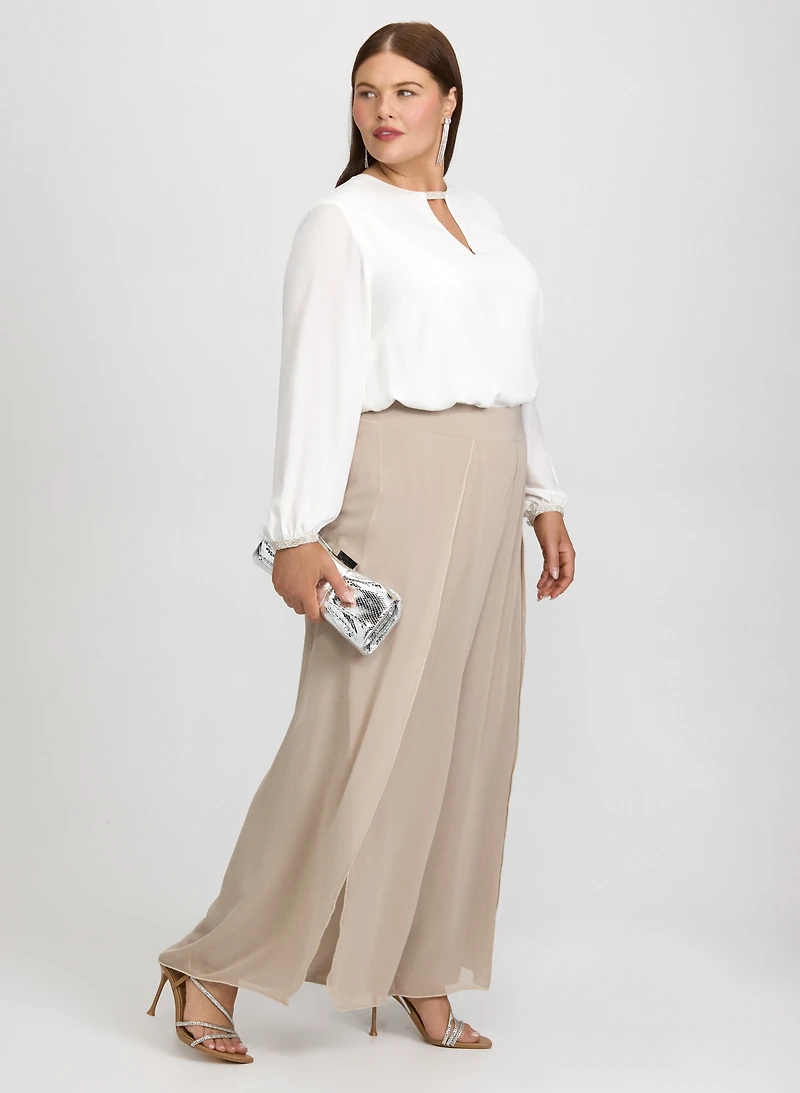 Rhinestone Trim Blouse & Chiffon Overlay Pants