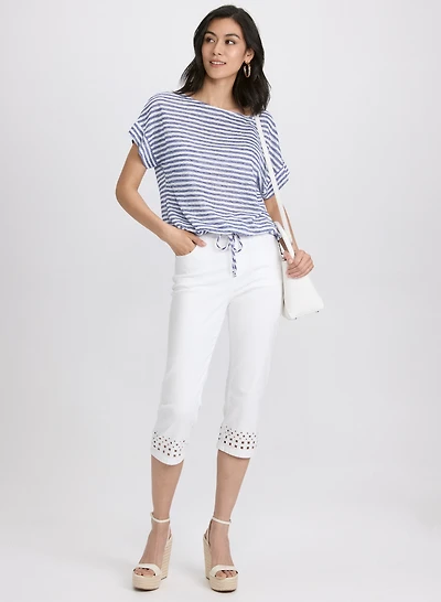 Striped Drawstring Top & Perforated Denim Capris