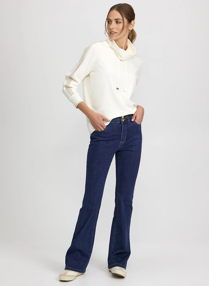 Rhinestone Trim Scuba Top & Flare-Leg Jeans
