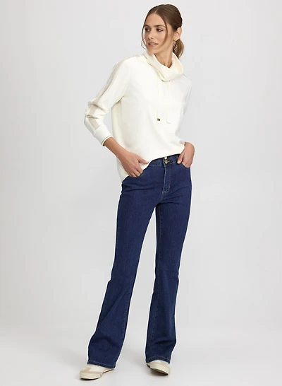 Rhinestone Trim Scuba Top & Flare-Leg Jeans
