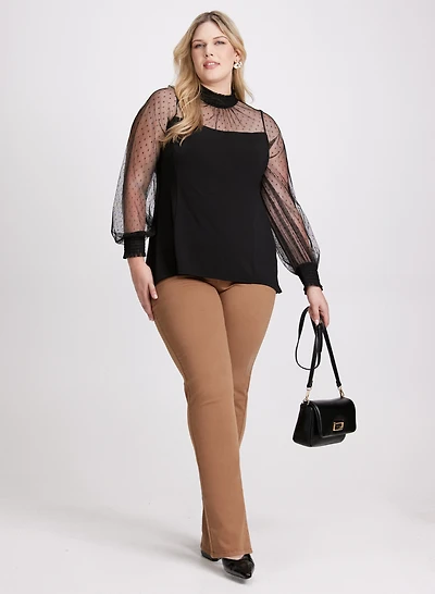 Dotted Mesh Mock Neck Top & Pull-On Straight Leg Jeans