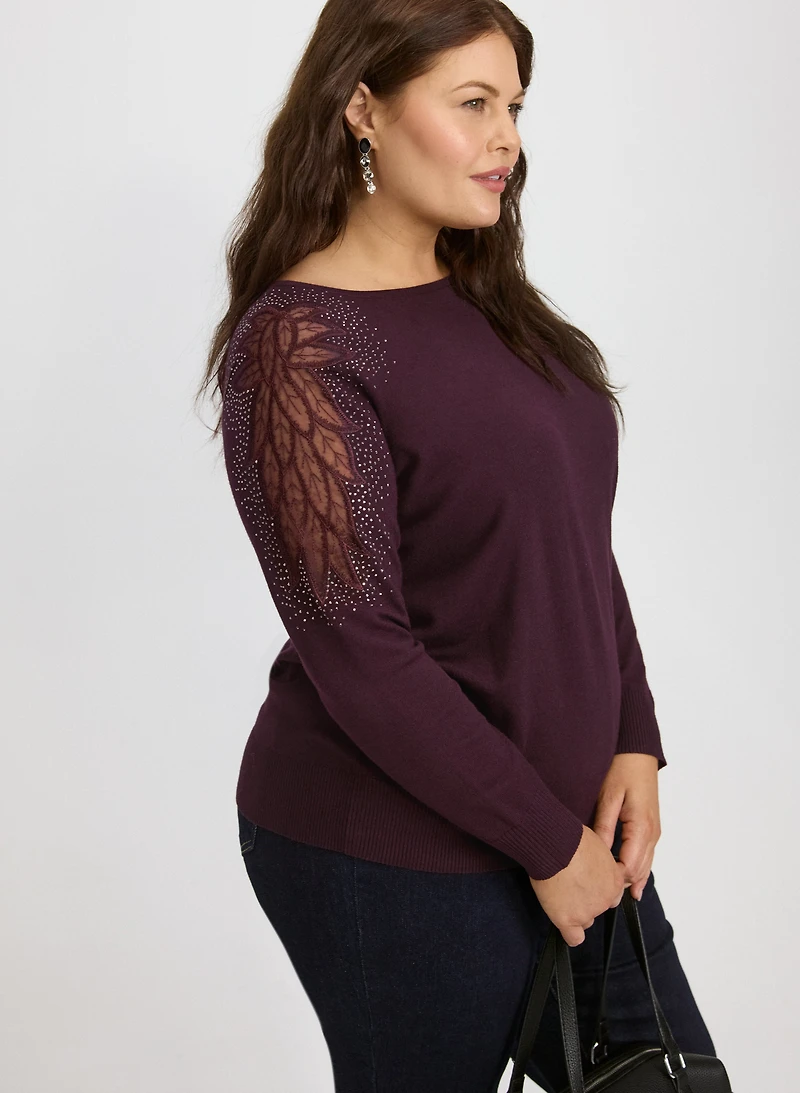 Mesh & Rhinestone Sleeve Sweater