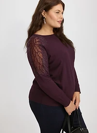 Mesh & Rhinestone Sleeve Sweater