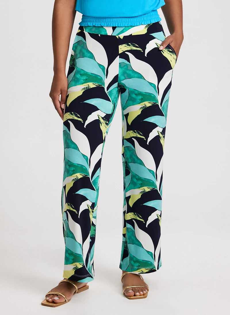 Pantalon jambe large à motif feuilles
