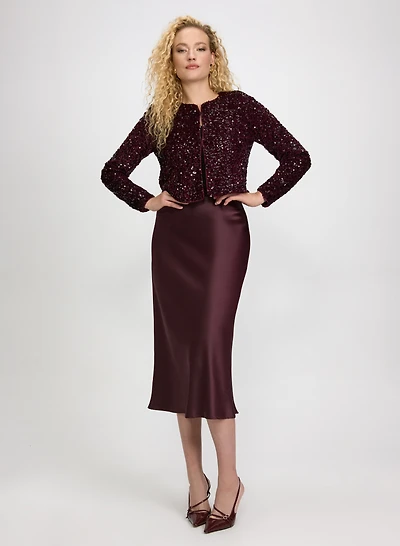 Short Sequined Velvet Bolero & Satin Bias Cut Skirt