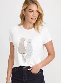 Embellished Cat Print T-Shirt