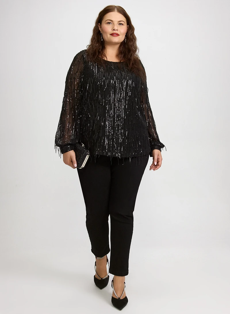 Sequin Fringe Top & Embellished Bow Detail Jeans