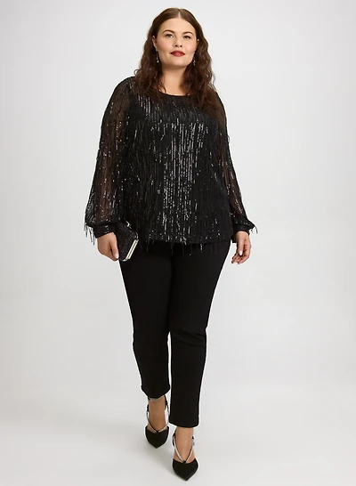 Sequin Fringe Top & Embellished Bow Detail Jeans