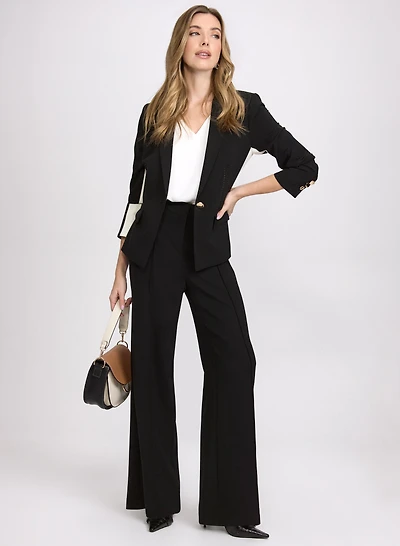 Contrast Saddle Seam Blazer & Denim Wide-Leg Pants