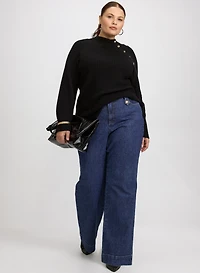Buttoned Mock Neck Sweater & Metallic Detail Wide-Leg Jeans