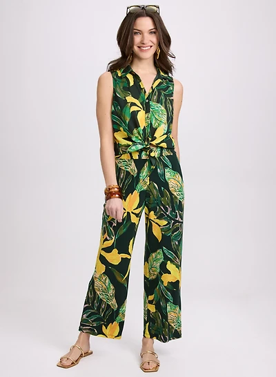 Sleeveless Palm Print Blouse & Printed Wide-Leg Pants