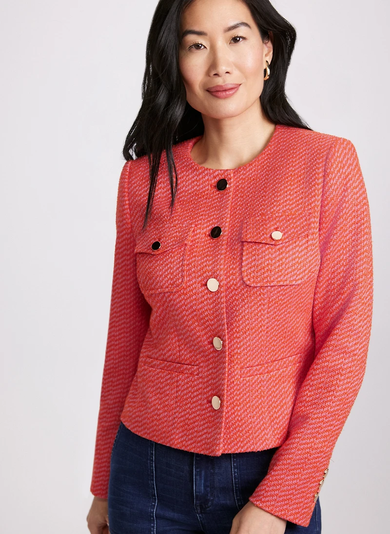 Collarless Bouclé Button-Down Jacket