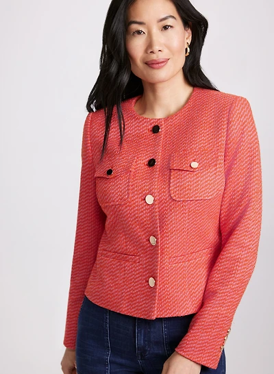 Collarless Bouclé Button-Down Jacket