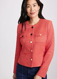Collarless Bouclé Button-Down Jacket