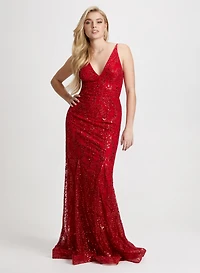 Glitter Mesh V-Neck Gown