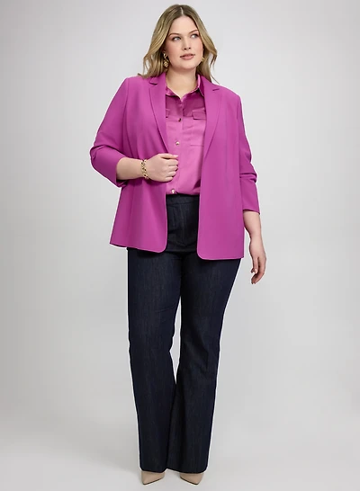 Ruched Sleeve Blazer & Flare-Leg Denim Pants