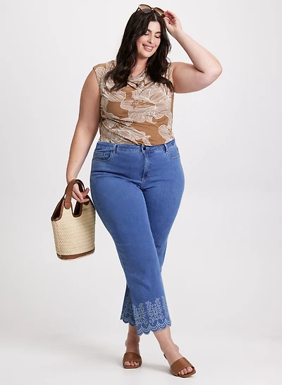 Cowl-Neck Floral Print Top & Embroidered Hem Culotte Jeans