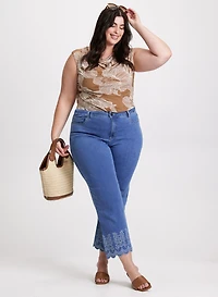 Cowl-Neck Floral Print Top & Embroidered Hem Culotte Jeans