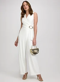 Brooch-Fastened Wrap-Over Jumpsuit