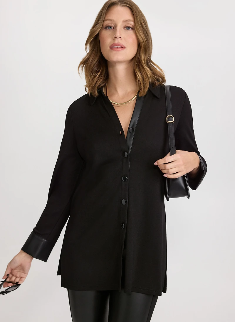 Vegan Leather Trim Blouse