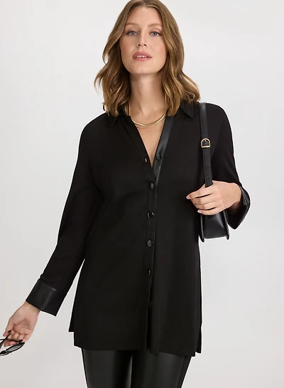 Vegan Leather Trim Blouse