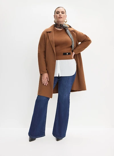Wool Coat, Fooler Sweater & Pull-On Flare Leg Jeans