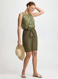 Sleeveless Paisley Top & Belted Linen-Blend Shorts