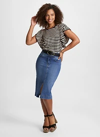 Striped Ruffle T-Shirt & Slit-Hem Denim Skirt