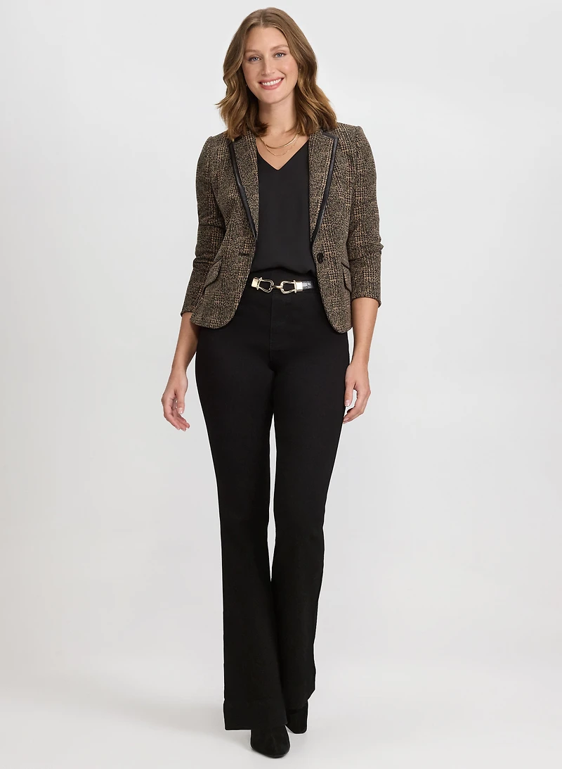 Knit Glen Check Blazer & Pull-On Flare-Leg Jeans