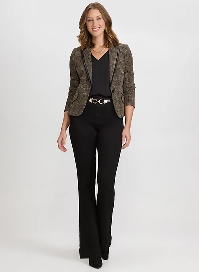 Knit Glen Check Blazer & Pull-On Flare-Leg Jeans