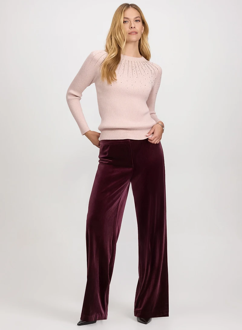 Embellished Sheer Detail Sweater & Olivia Velvet Pants