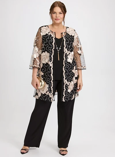 Floral Embroidered Jacket, Top & Pants Set
