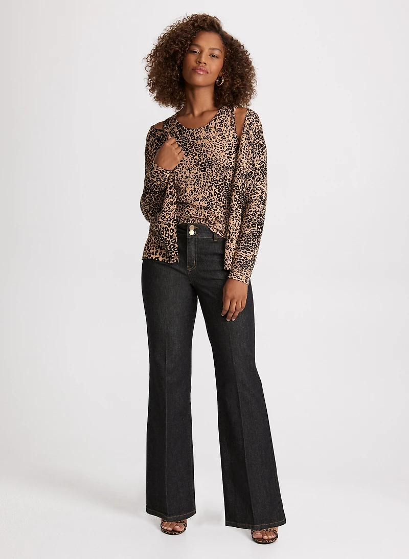 Short Leopard Cardigan & Flare Leg Jeans