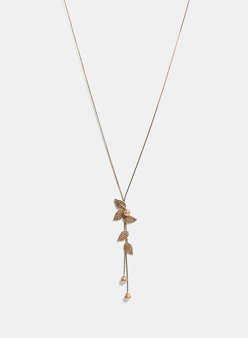 Collier pendentif feuilles à cristaux et perles