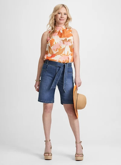 Sleeveless Floral Blouse & Sash Denim Shorts