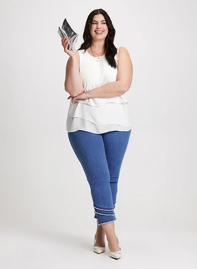 Tiered Effect Sleeveless Blouse & Asymmetric Fringe Hem Jeans