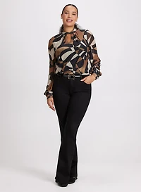 Mock Neck Geometric Print Top & Straight Leg Jeans