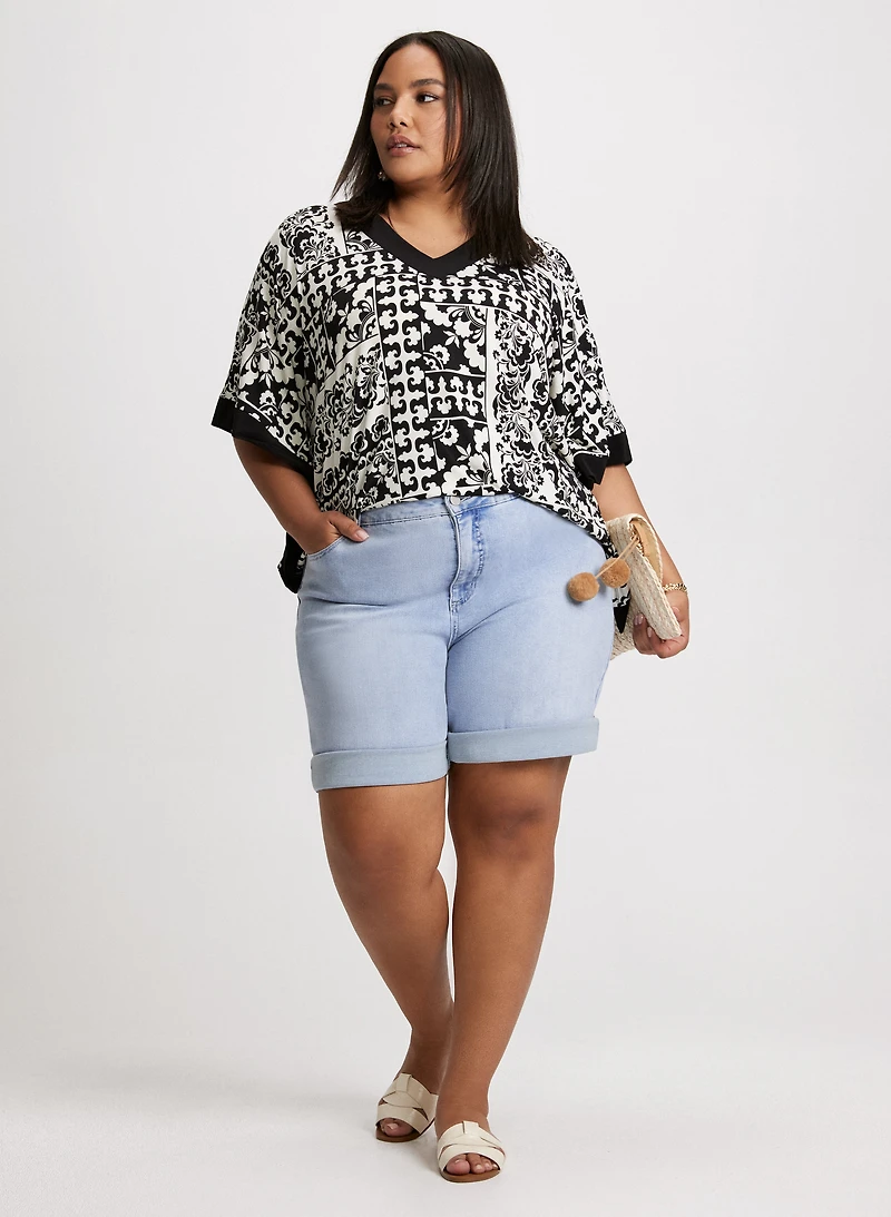 Paisley Flared Sleeve Top & Denim Bermuda Shorts