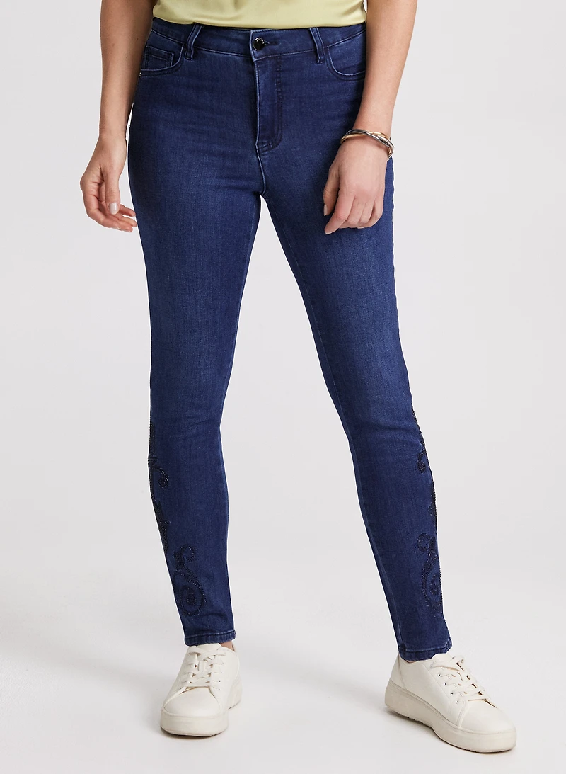 Embroidered Hem Slim Leg Jeans