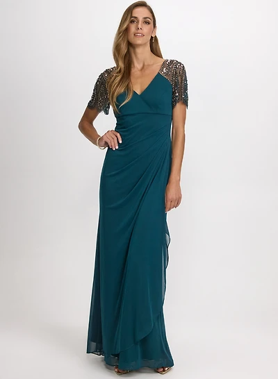 Embellished Mesh Sleeve Dress