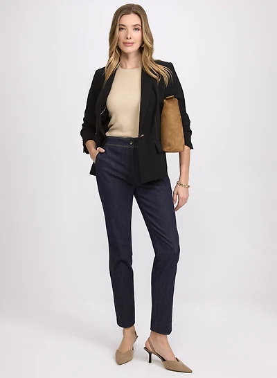 Contrast Saddle Seam Blazer & Denim Slim-Leg Pants