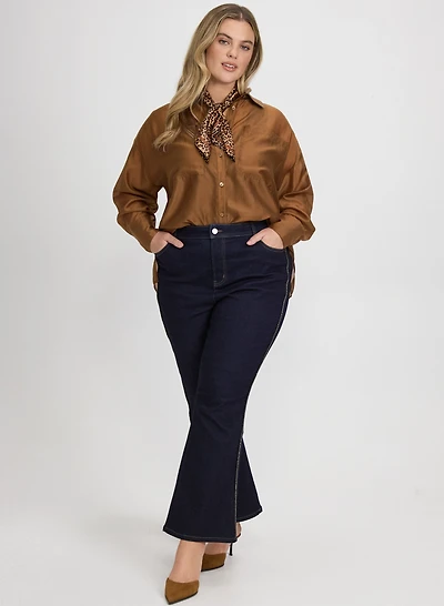 Satin Button-Down Blouse & Flare-Leg Jeans
