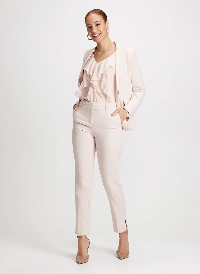 Single Button Jacket, Sleeveless Ruffle Top & City Fit Pants