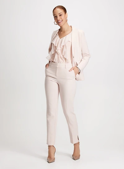 Single Button Jacket, Sleeveless Ruffle Top & City Fit Pants