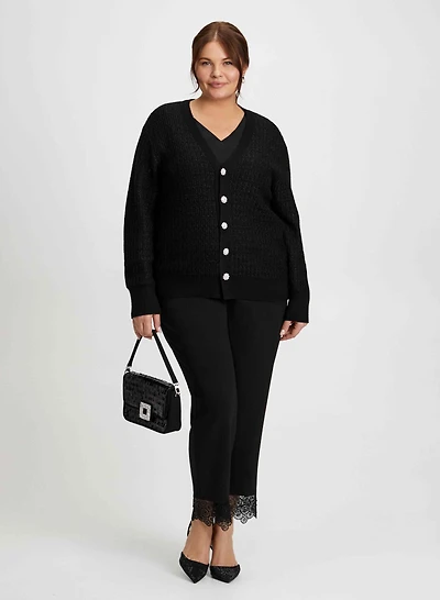 Jewel Button Cardigan & Lace Trim Pants